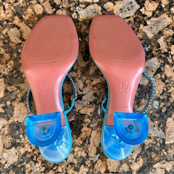 Amina Muaddi Gilda Glass Aqua Blue PVC Crystal Strap Mule Pumps - Picture 13 of 14